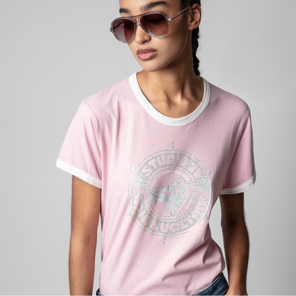 Zadig & Voltaire Pink Zoe Tee with sparkly roller skate Graphic - Sz. L - NWT
